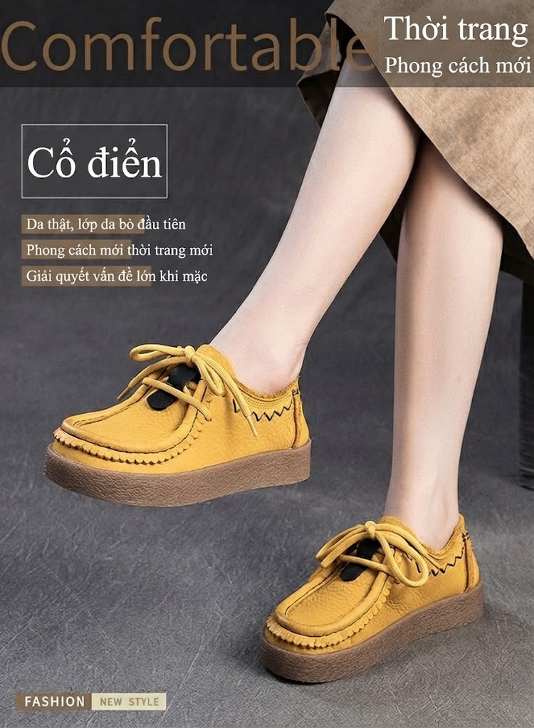 Giày Oxford Nữ Da Bò Đế Bệt Chiều Cao Đế Khoảng 3cm Màu Vàng, Nâu chi tiết 1
