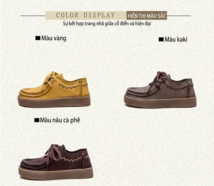 Giày Oxford Nữ Da Bò Đế Bệt Chiều Cao Đế Khoảng 3cm Màu Vàng, Nâu chi tiết 2