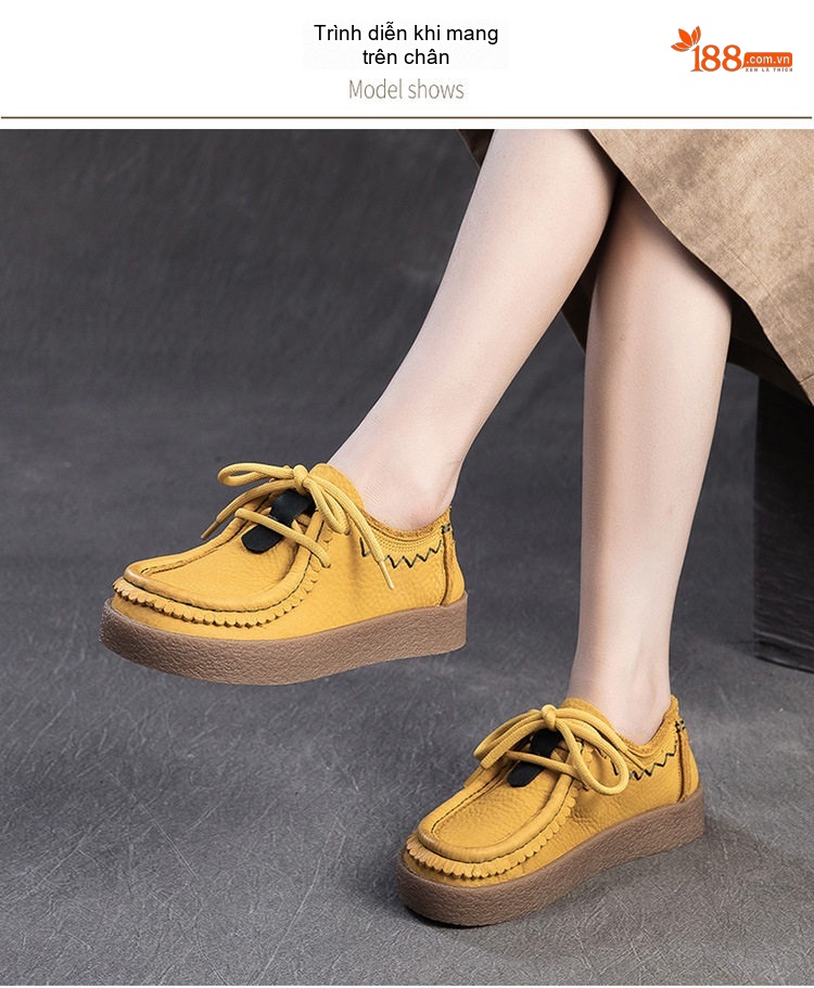 Giày Oxford Nữ Da Bò Đế Bệt Chiều Cao Đế Khoảng 3cm Màu Vàng, Nâu chi tiết 7