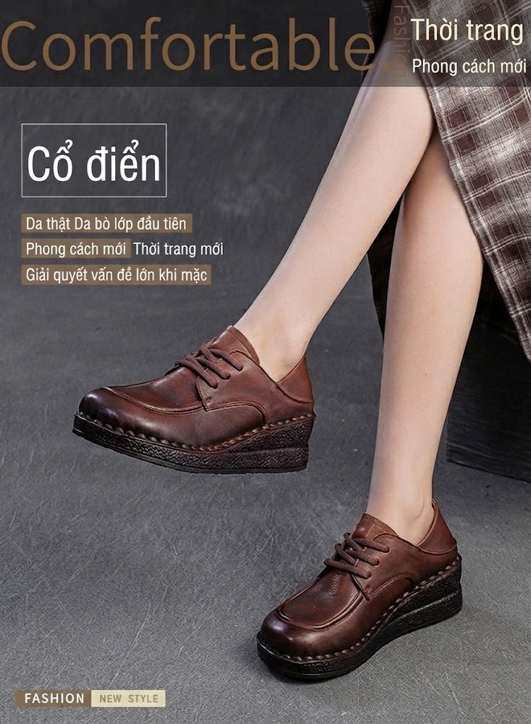 Giày Oxford Nữ Da Bò Đế Xuồng Chiều Cao Đế Khoảng 4cm Màu Đen, Nâu chi tiết 1