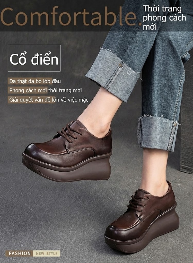 Giày Oxford Nữ Da Bò Đế Xuồng Chiều Cao Đế Khoảng 5cm Màu Đen, Nâu chi tiết 2