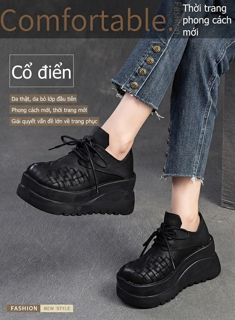 Giày Oxford Nữ Da Bò Dệt Chiều Cao Đế Khoảng 5cm Màu Đen chi tiết 1