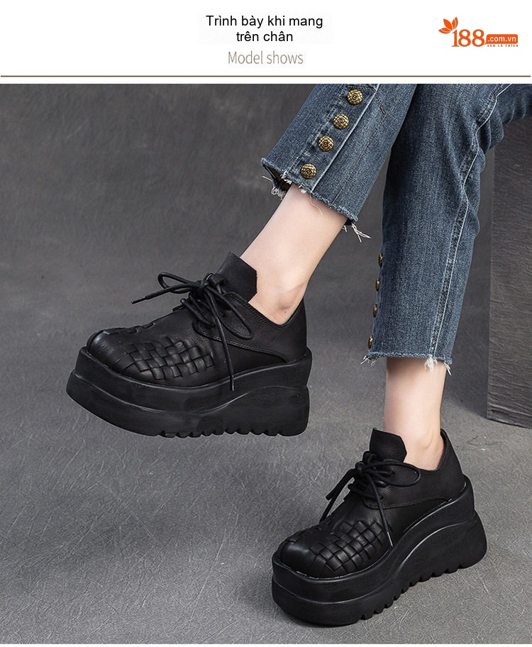 Giày Oxford Nữ Da Bò Dệt Chiều Cao Đế Khoảng 5cm Màu Đen chi tiết 6