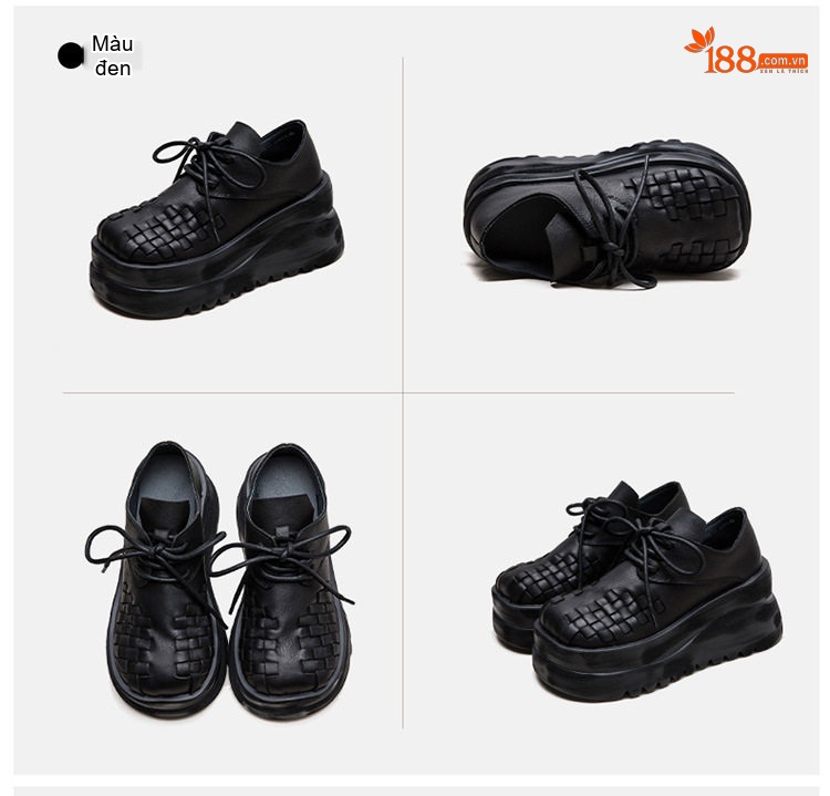 Giày Oxford Nữ Da Bò Dệt Chiều Cao Đế Khoảng 5cm Màu Đen chi tiết 16