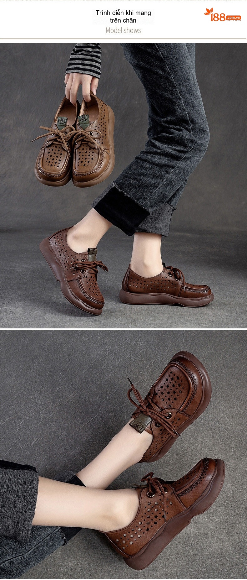 Giày Oxford Nữ Da Bò Lỗ Thoáng Khí Chiều Cao Đế Khoảng 3cm Màu Nâu, Kem chi tiết 7