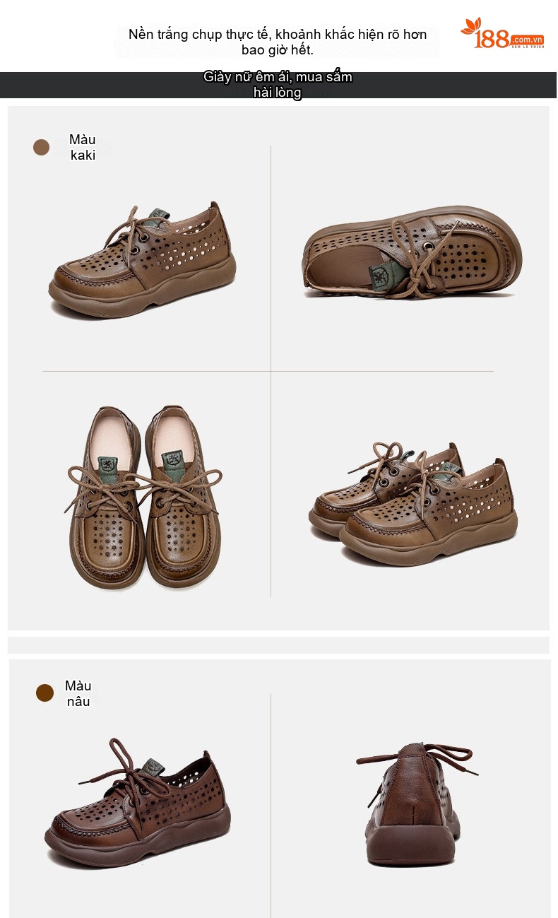 Giày Oxford Nữ Da Bò Lỗ Thoáng Khí Chiều Cao Đế Khoảng 3cm Màu Nâu, Kem chi tiết 15