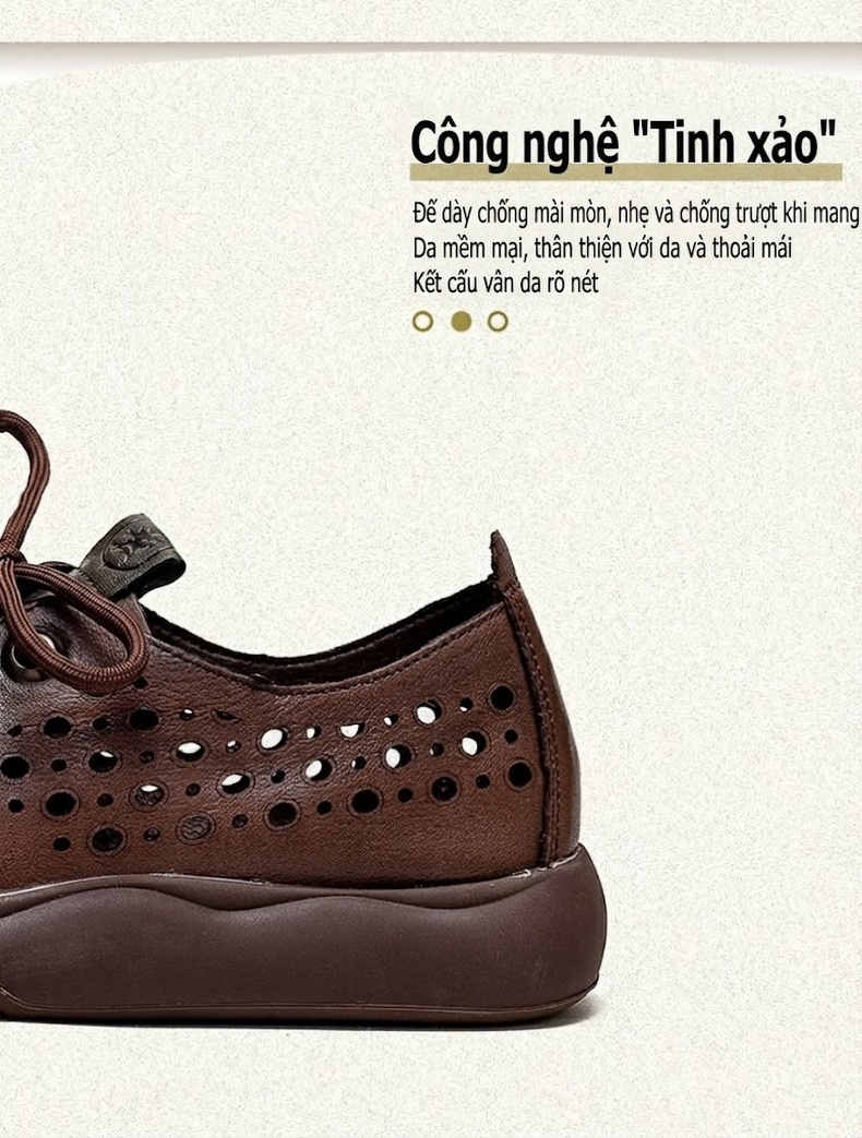 Giày Oxford Nữ Da Bò Lỗ Thoáng Khí Chiều Cao Đế Khoảng 3cm Màu Nâu, Kem chi tiết 3