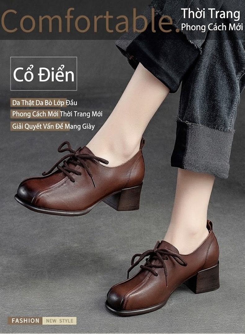 Giày Oxford Nữ Da Bò Mũi Tròn Chiều Cao Đế Khoảng 5cm Màu Đen, Nâu chi tiết 2