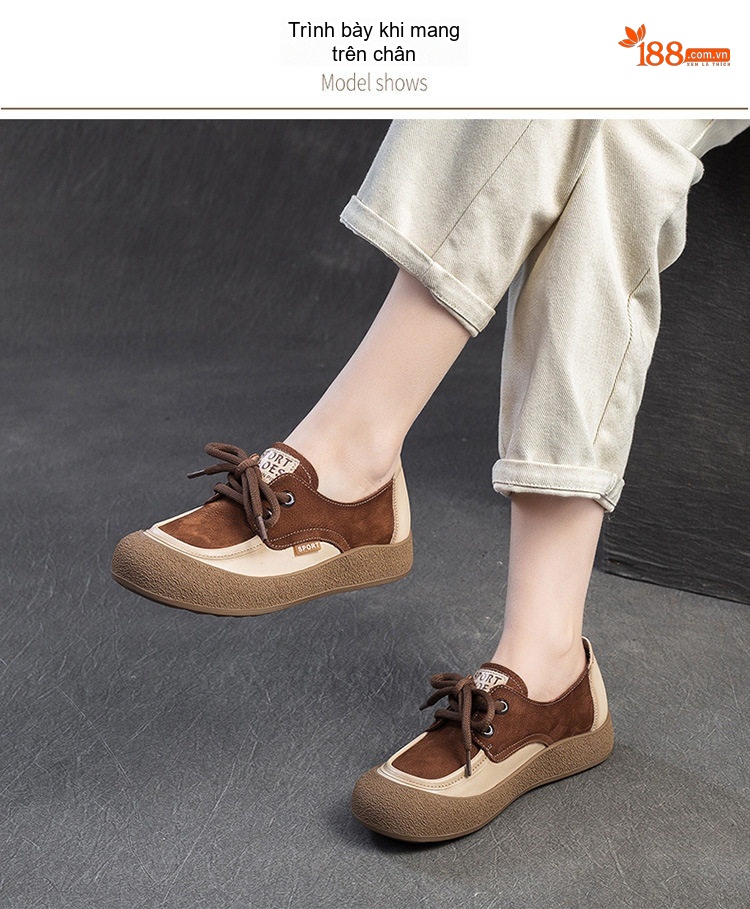Giày Oxford Nữ Da Bò Phối Màu Buộc Dây Chiều Cao Đế Khoảng 2cm Màu Nâu, Kem chi tiết 7