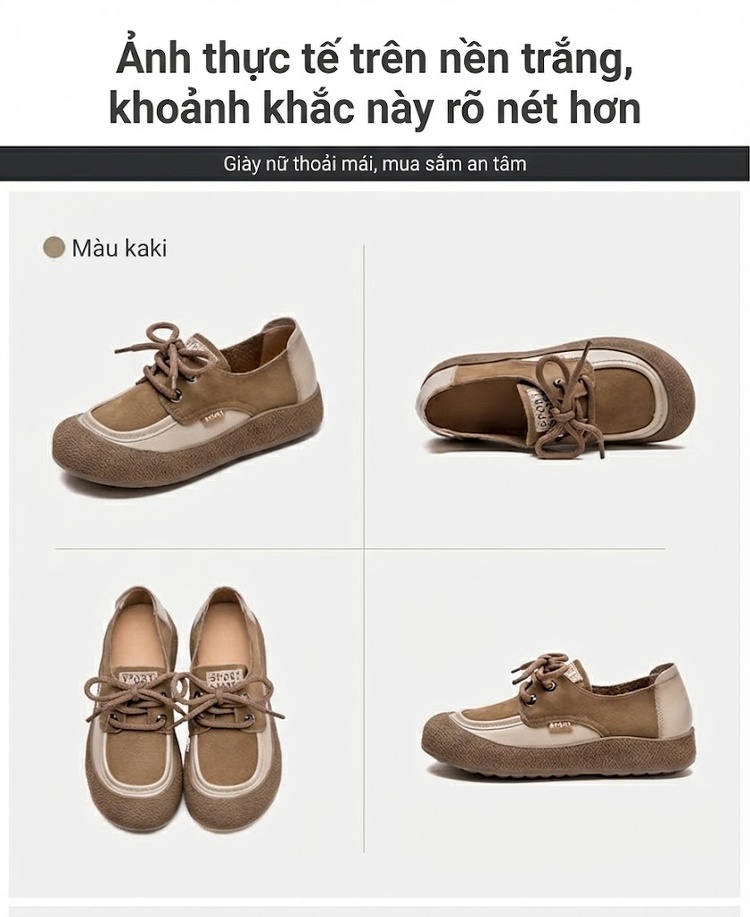 Giày Oxford Nữ Da Bò Phối Màu Buộc Dây Chiều Cao Đế Khoảng 2cm Màu Nâu, Kem chi tiết 16