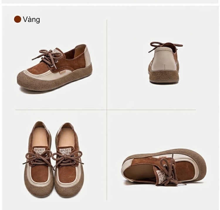 Giày Oxford Nữ Da Bò Phối Màu Buộc Dây Chiều Cao Đế Khoảng 2cm Màu Nâu, Kem chi tiết 17