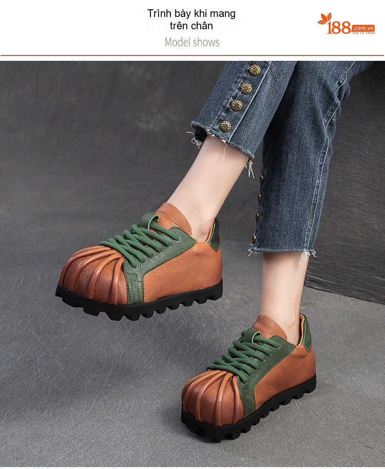 Giày Oxford Nữ Da Bò Tăng Chiều Cao Đế Khoảng 3.5cm Màu Nâu, Đen, Xanh Lá chi tiết 6