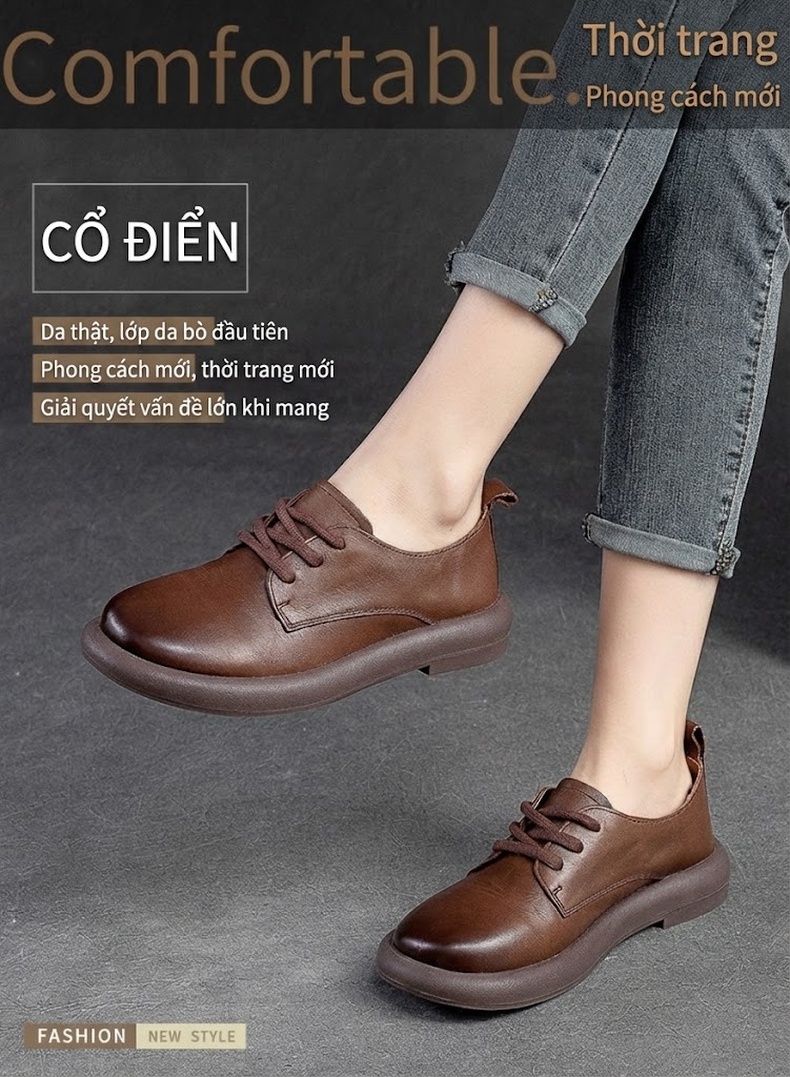 Giày Oxford Nữ Da Bóng Cổ Điển Chiều Cao Đế Khoảng 3cm Màu Đen, Nâu chi tiết 1