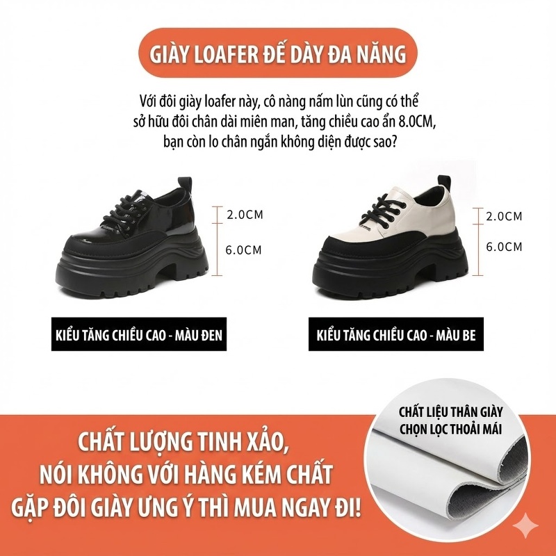 Giày Oxford Nữ Da Bóng Đế Bánh Mì Gót Cao Khoảng 6cm