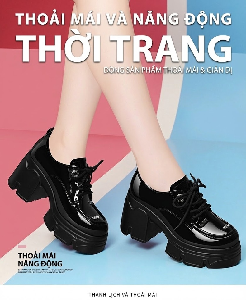 Giày Oxford Nữ Da Bóng Đế Cao Thô Chiều Cao Đế Khoảng 6cm Màu Đen chi tiết 2