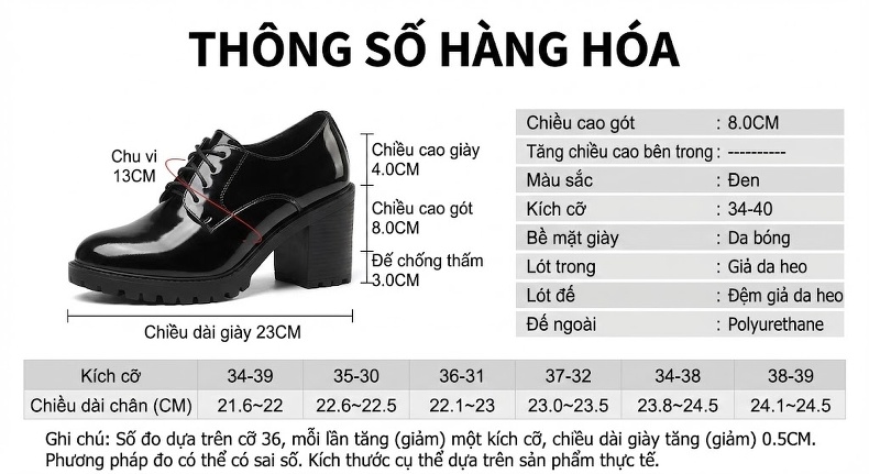 Giày Oxford Nữ Da Bóng Đế Cao Thô Chiều Cao Đế Khoảng 6cm Màu Đen chi tiết 4