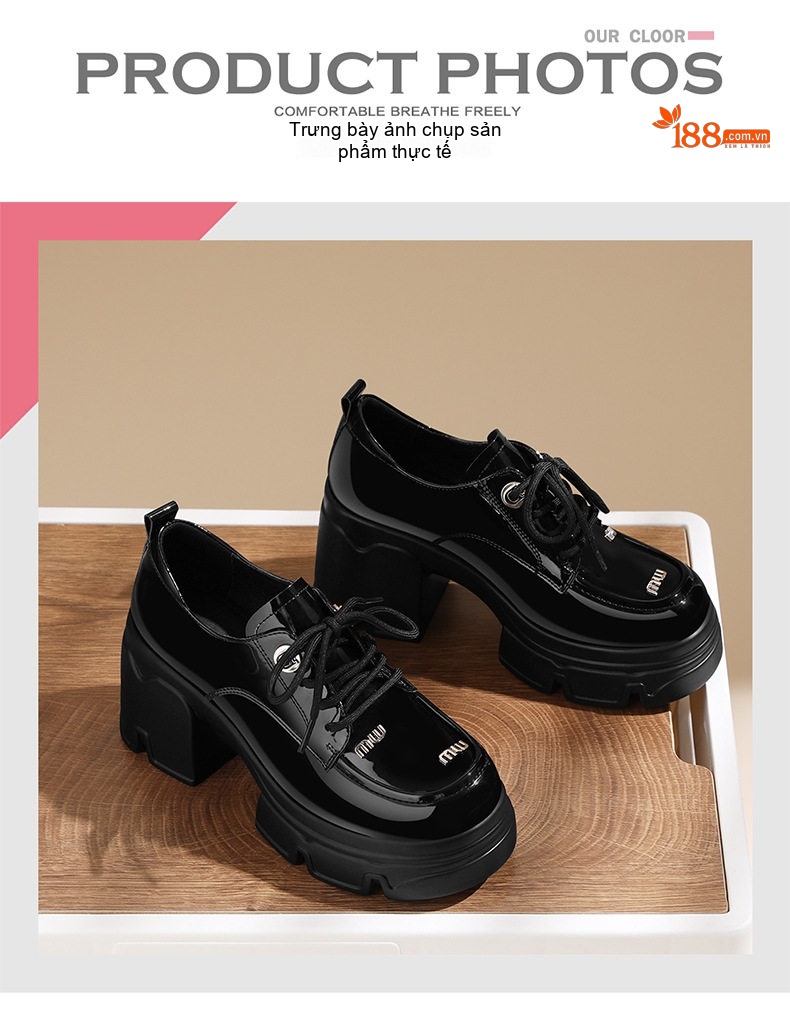 Giày Oxford Nữ Da Bóng Đế Cao Thô Chiều Cao Đế Khoảng 6cm Màu Đen chi tiết 10