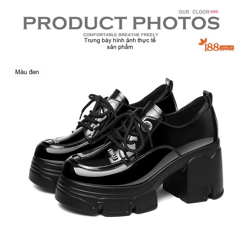 Giày Oxford Nữ Da Bóng Đế Cao Thô Chiều Cao Đế Khoảng 6cm Màu Đen chi tiết 12