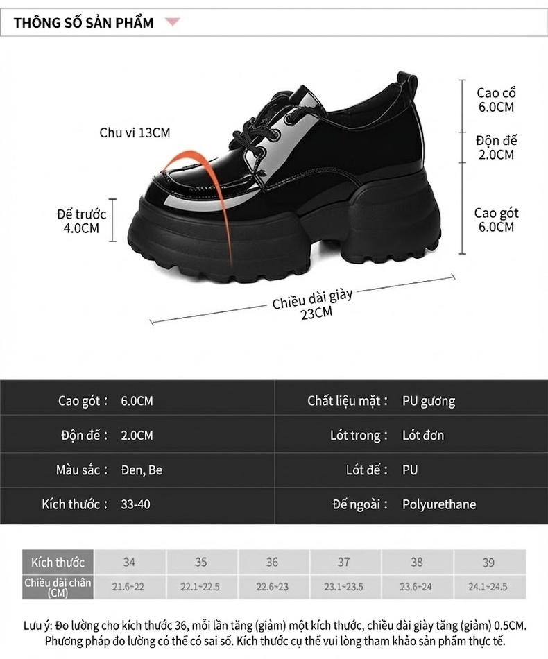Giày Oxford Nữ Da Bóng Đế Dày Chiều Cao Đế Khoảng 5cm Phong Cách Anh Quốc Màu Đen, Kem chi tiết 3