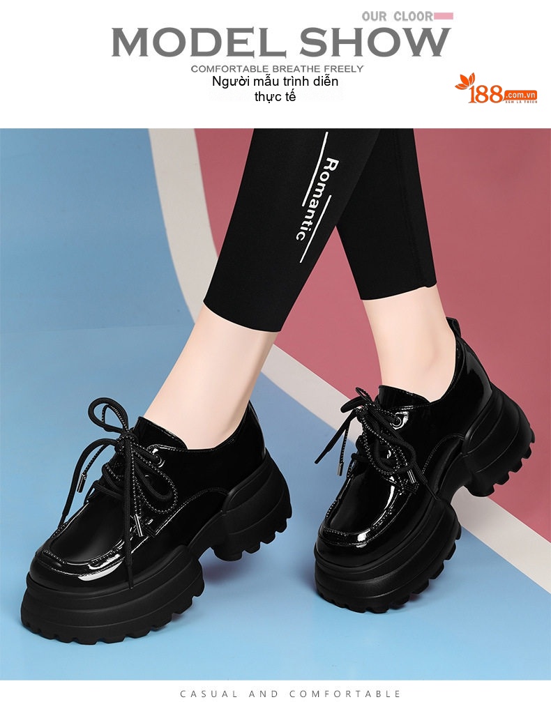 Giày Oxford Nữ Da Bóng Đế Dày Chiều Cao Đế Khoảng 5cm Phong Cách Anh Quốc Màu Đen, Kem chi tiết 5