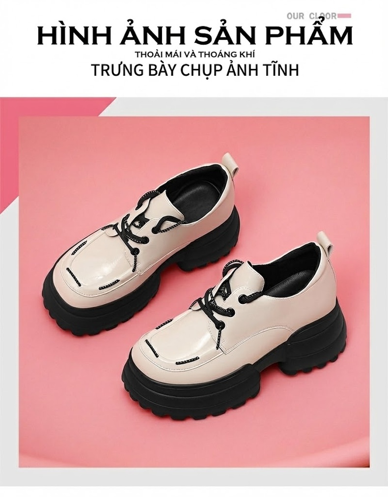 Giày Oxford Nữ Da Bóng Đế Dày Chiều Cao Đế Khoảng 5cm Phong Cách Anh Quốc Màu Đen, Kem chi tiết 9