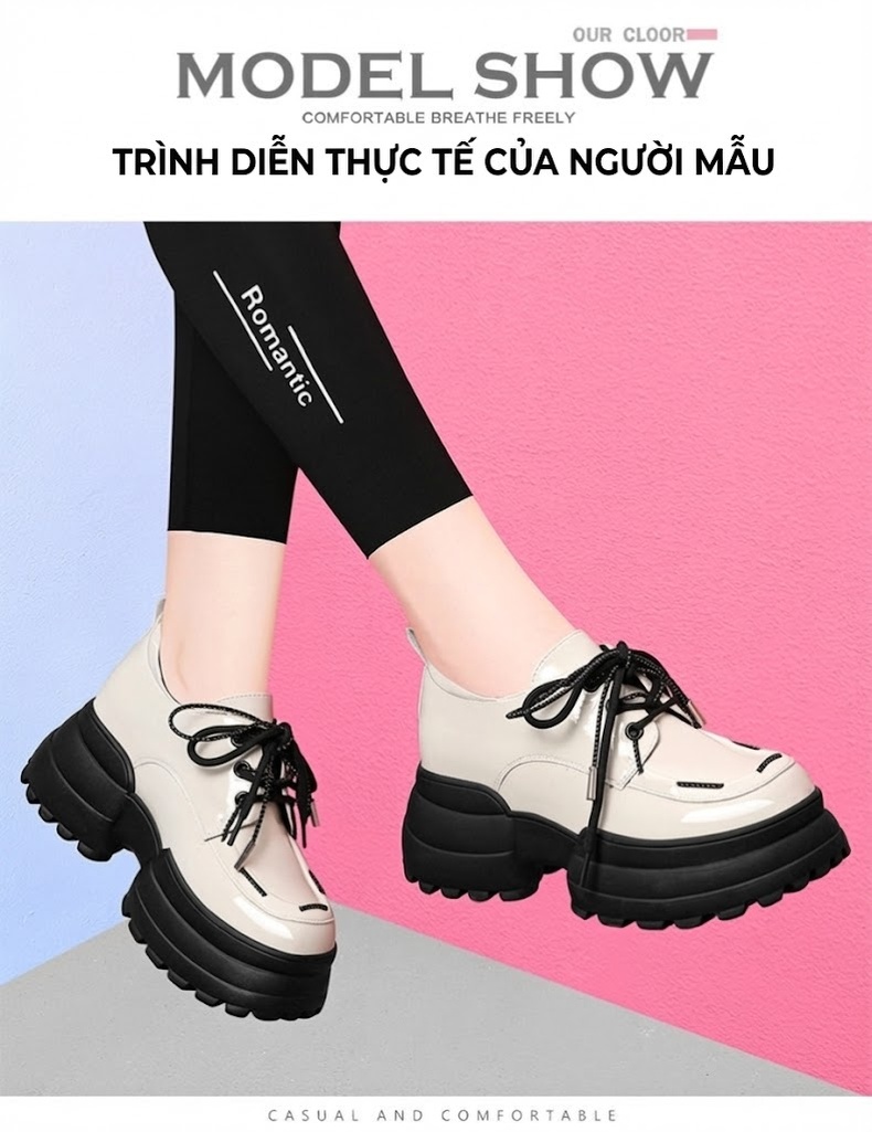 Giày Oxford Nữ Da Bóng Đế Dày Chiều Cao Đế Khoảng 5cm Phong Cách Anh Quốc Màu Đen, Kem chi tiết 10