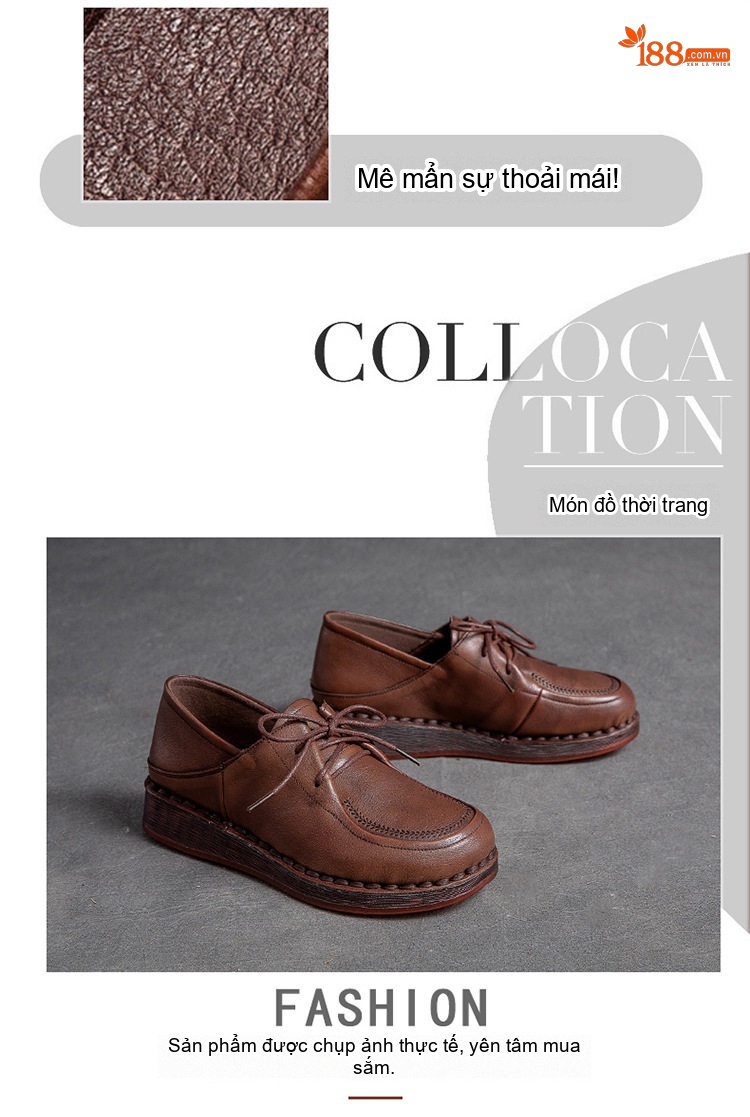 Giày Oxford Nữ Da Bóng Mũi Tròn Buộc Dây Chiều Cao Đế Khoảng 3cm Màu Đen, Nâu chi tiết 7