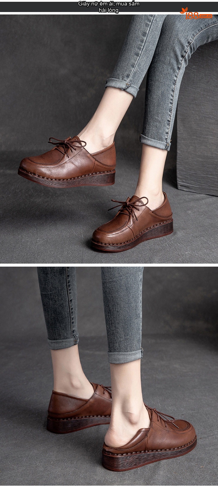 Giày Oxford Nữ Da Bóng Mũi Tròn Buộc Dây Chiều Cao Đế Khoảng 3cm Màu Đen, Nâu chi tiết 8