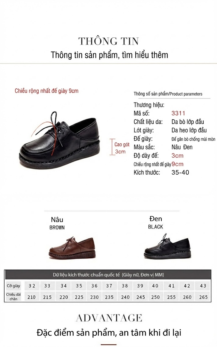Giày Oxford Nữ Da Bóng Mũi Tròn Buộc Dây Chiều Cao Đế Khoảng 3cm Màu Đen, Nâu chi tiết 3