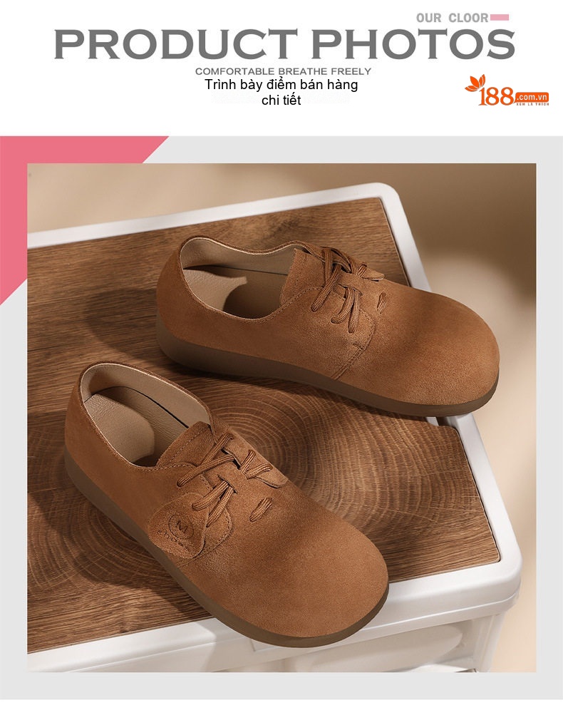 Giày Oxford Nữ Da Mờ Buộc Dây Đế Bệt Chiều Cao Đế Khoảng 2cm Màu Nâu chi tiết 4