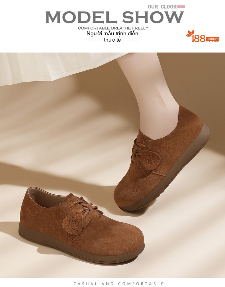 Giày Oxford Nữ Da Mờ Buộc Dây Đế Bệt Chiều Cao Đế Khoảng 2cm Màu Nâu chi tiết 5