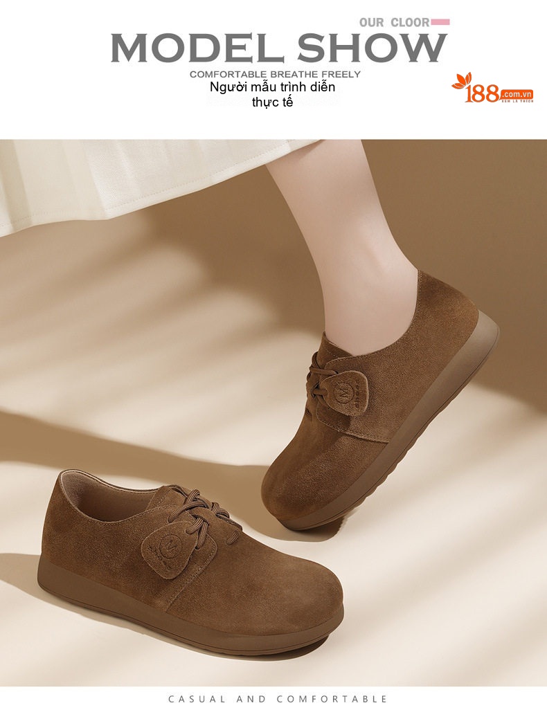 Giày Oxford Nữ Da Mờ Buộc Dây Đế Bệt Chiều Cao Đế Khoảng 2cm Màu Nâu chi tiết 10
