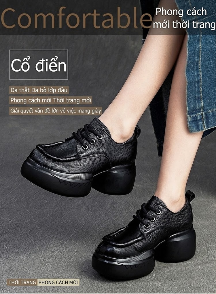Giày Oxford Nữ Da Mờ Chiều Cao Đế Khoảng 6cm Màu Đen, Nâu chi tiết 1