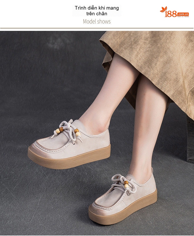 Giày Oxford Nữ Da Mờ Đế Dày Phong Cách Retro Chiều Cao Đế Khoảng 3cm Màu Nâu, Kem, Đỏ chi tiết 6