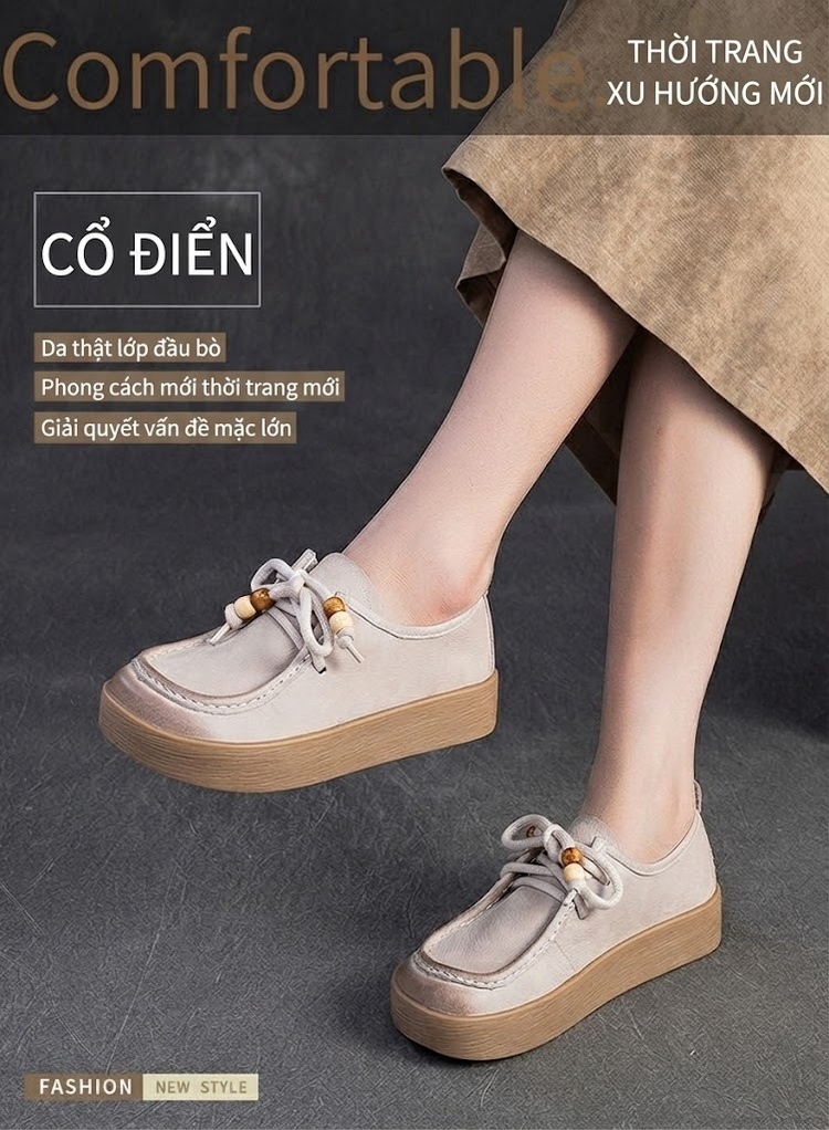 Giày Oxford Nữ Da Mờ Đế Dày Phong Cách Retro Chiều Cao Đế Khoảng 3cm Màu Nâu, Kem, Đỏ chi tiết 1