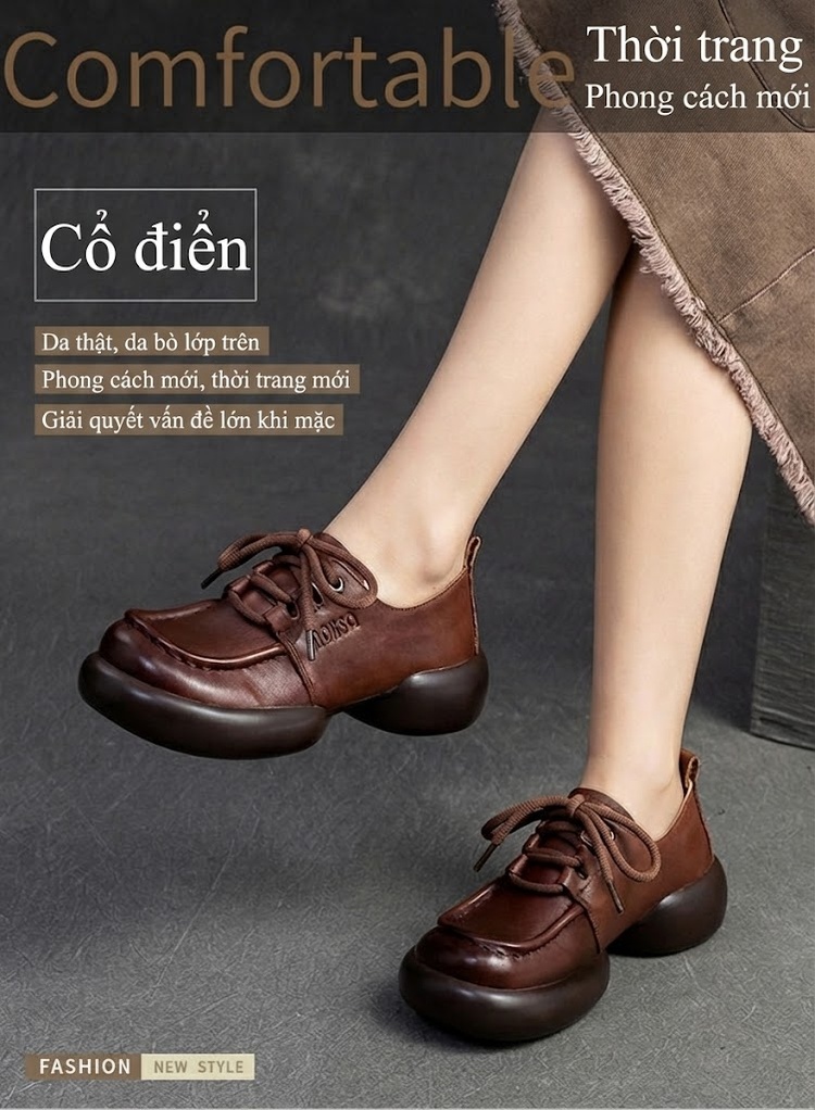 Giày Oxford Nữ Da Mờ Thủ Công Đế Dày Chiều Cao Đế Khoảng 5cm Màu Nâu chi tiết 1