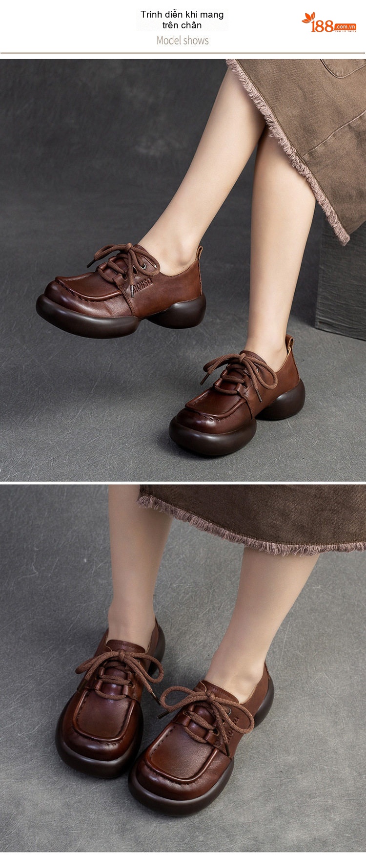 Giày Oxford Nữ Da Mờ Thủ Công Đế Dày Chiều Cao Đế Khoảng 5cm Màu Nâu chi tiết 6