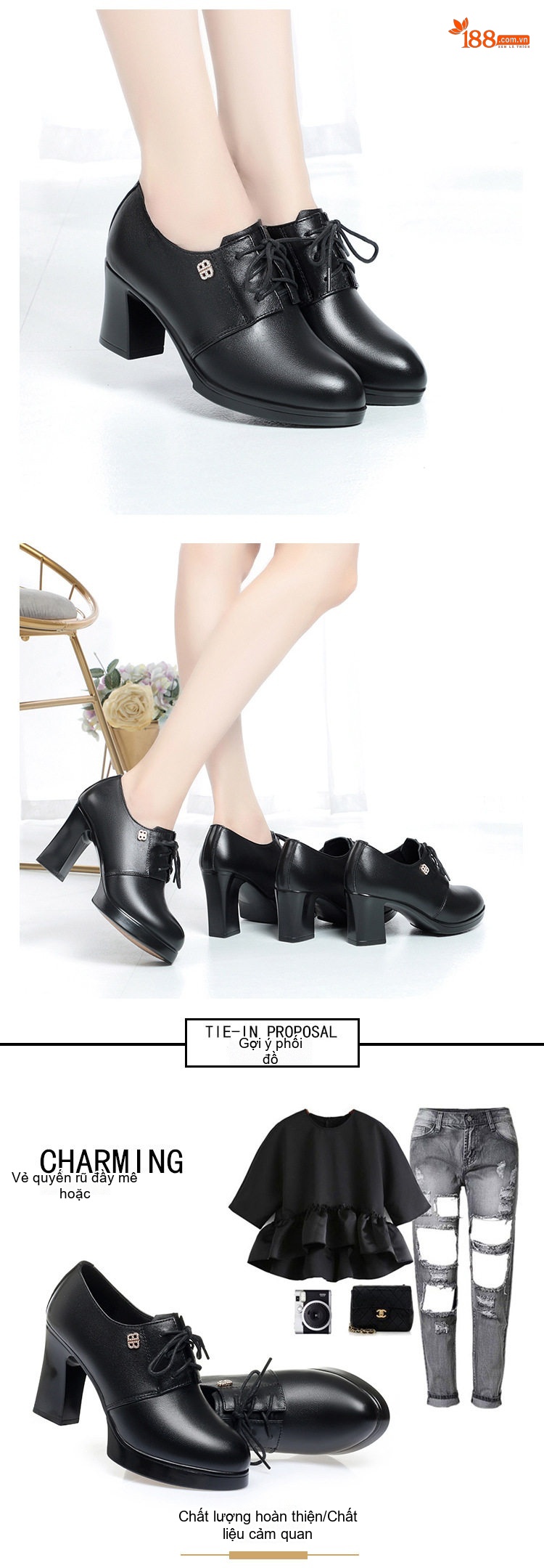 Giày Oxford Nữ Da Thật Gót Vuông Chiều Cao Đế 6cm Màu Đen chi tiết 5