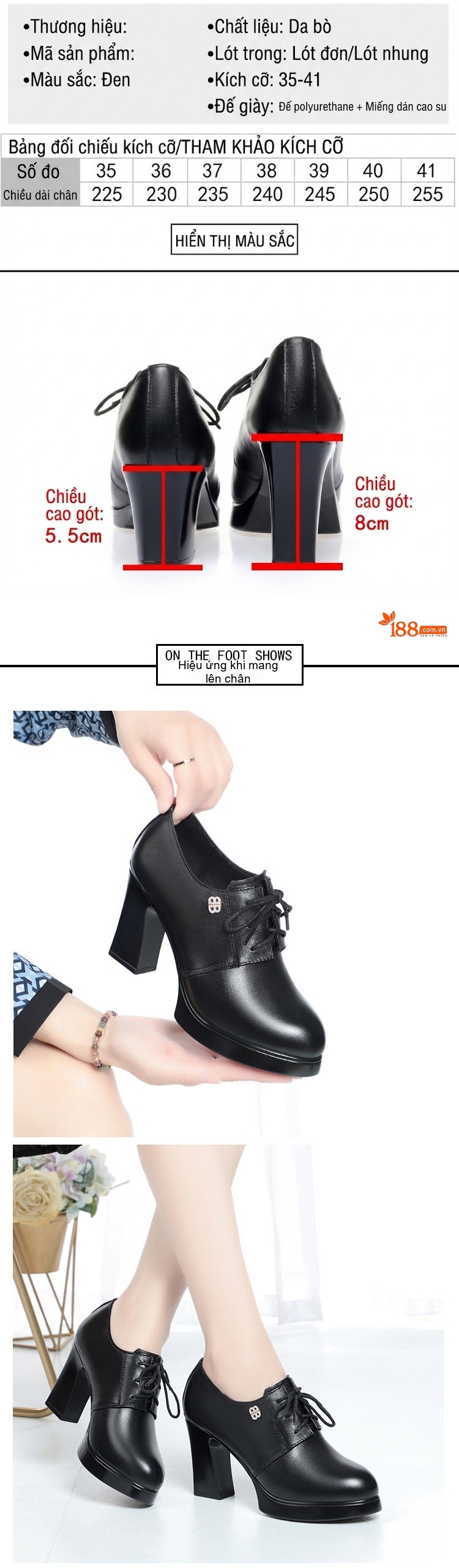 Giày Oxford Nữ Da Thật Gót Vuông Chiều Cao Đế 6cm Màu Đen chi tiết 2