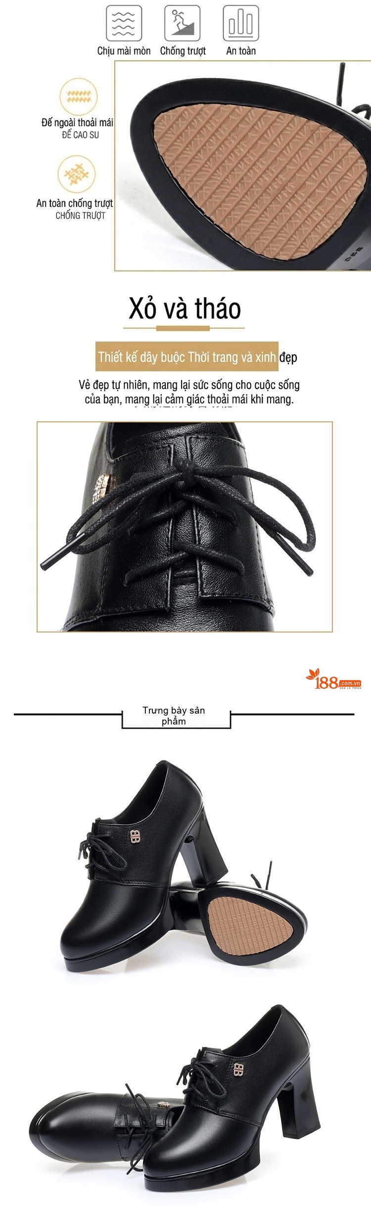 Giày Oxford Nữ Da Thật Gót Vuông Chiều Cao Đế 6cm Màu Đen chi tiết 7