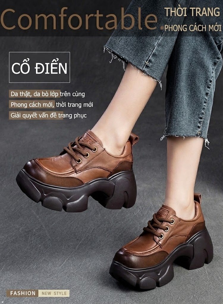 Giày Oxford Nữ Đế Bánh Mì Cao Cấp Chiều Cao Đế Khoảng 6cm Phong Cách Vintage Màu Đen, Nâu, Kem... chi tiết 1