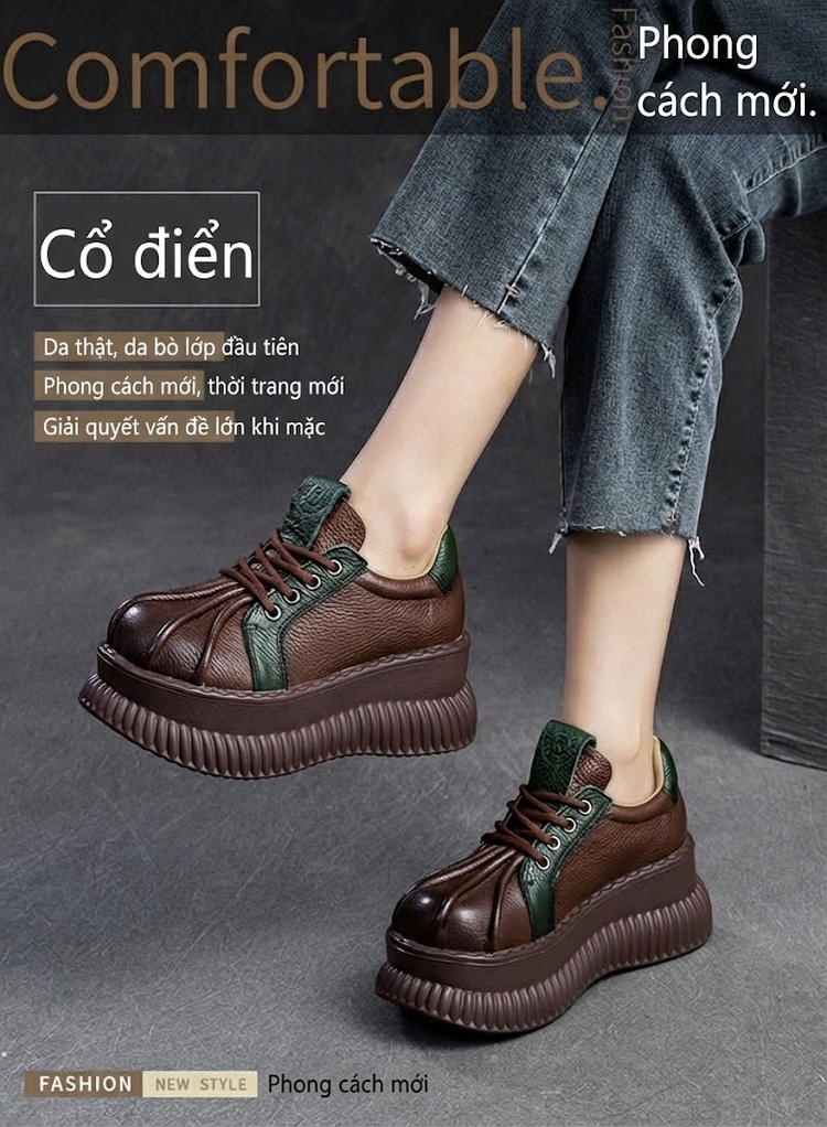 Giày Oxford Nữ Đế Bánh Mì Phong Cách Vintage Chiều Cao Đế Khoảng 5cm Màu Đỏ, Đen, Nâu... chi tiết 1