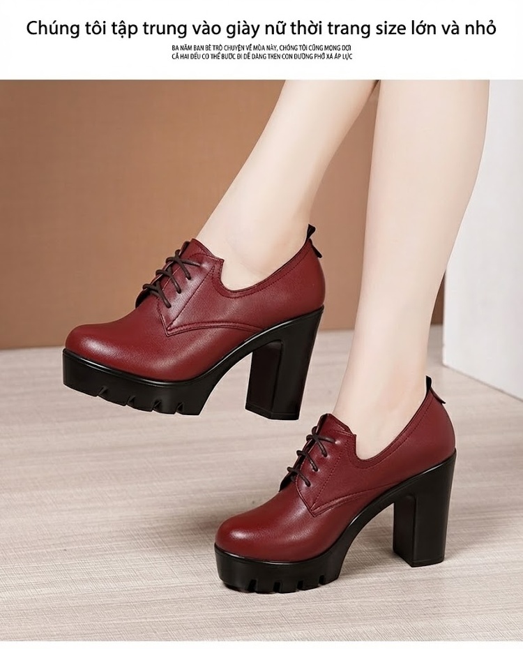 Giày Oxford Nữ Đế Cao Gót 7cm Lót Lông Giữ Ấm Màu Đen, Đỏ chi tiết 10