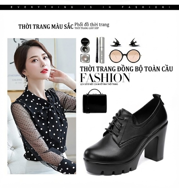 Giày Oxford Nữ Đế Cao Gót 7cm Lót Lông Giữ Ấm Màu Đen, Đỏ chi tiết 2