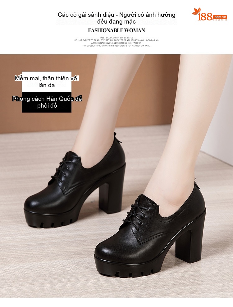 Giày Oxford Nữ Đế Cao Gót 7cm Lót Lông Giữ Ấm Màu Đen, Đỏ chi tiết 3