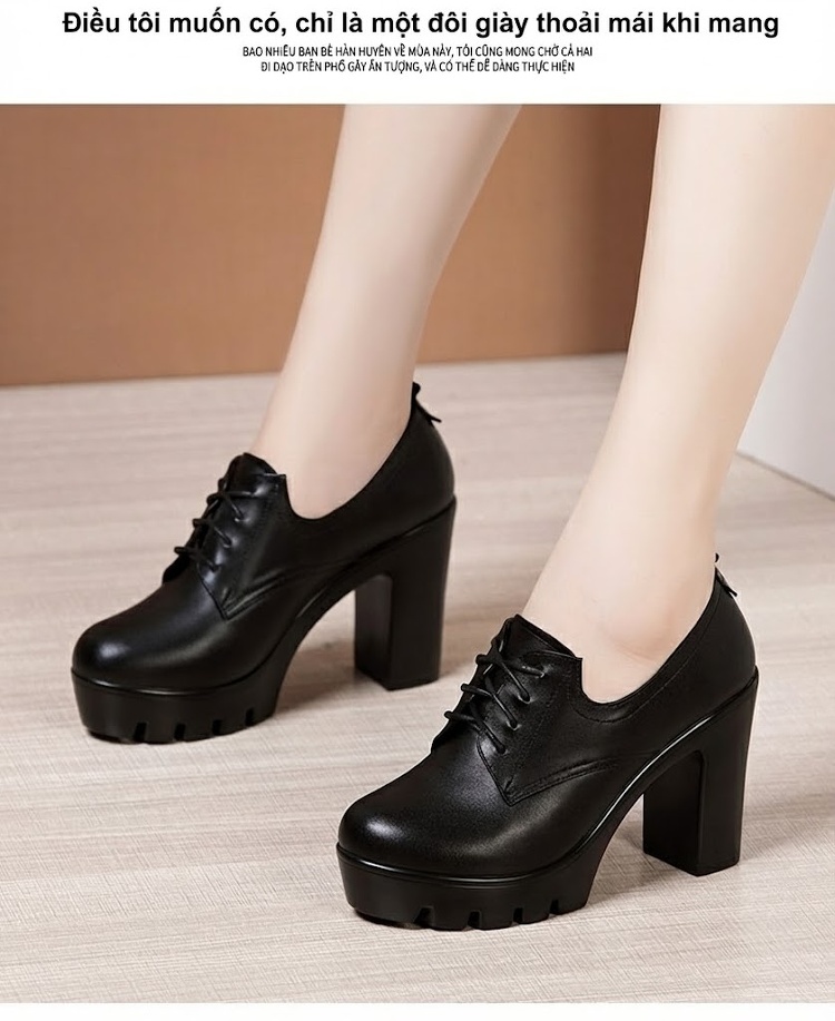 Giày Oxford Nữ Đế Cao Gót 7cm Lót Lông Giữ Ấm Màu Đen, Đỏ chi tiết 9