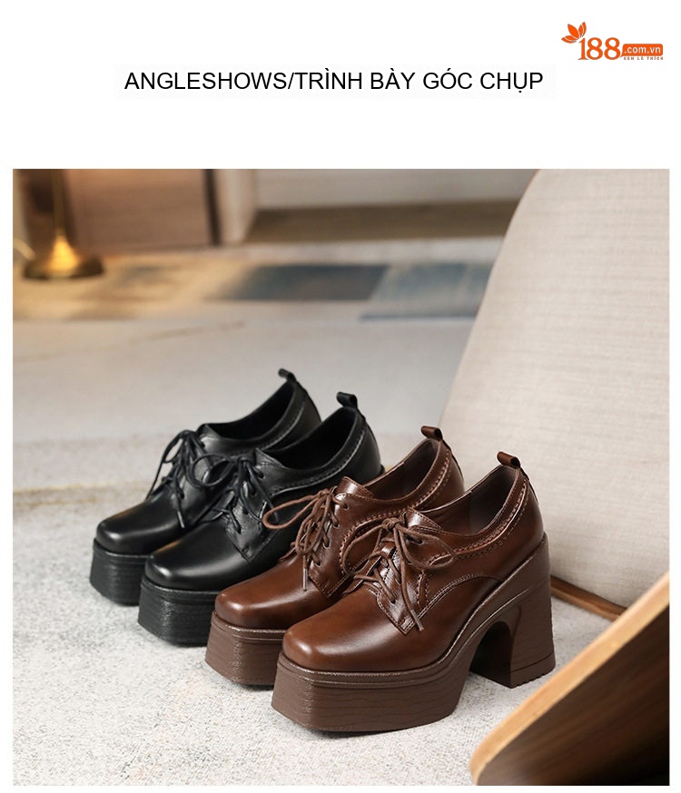 Giày Oxford Nữ Đế Xuồng Cao Gót 10cm Phong Cách Retro Màu Đen, Nâu chi tiết 10