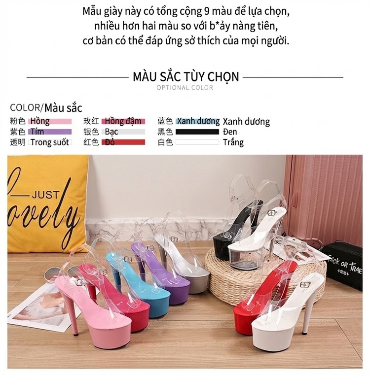 Sandal cao gót nữ quai trong suốt da bóng gót 10 cm chi tiết 2
