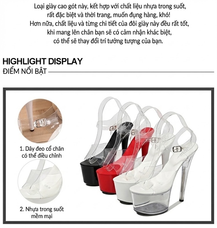 Sandal cao gót nữ quai trong suốt da bóng gót 10 cm chi tiết 3