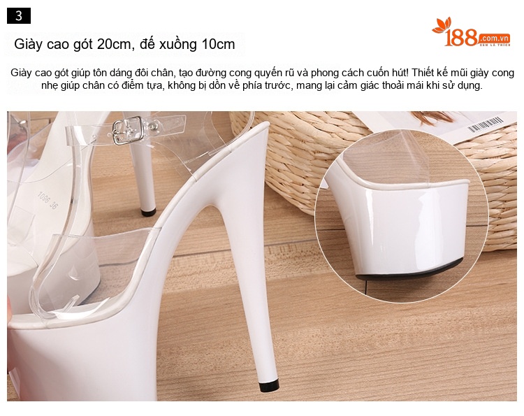 Sandal cao gót nữ quai trong suốt da bóng gót 10 cm chi tiết 6